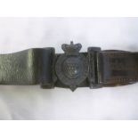 A Victorian Cornwall Constabulary leather waist belt with blackened brass two-part buckle bearing