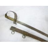 A good quality copy Cavalry sword in brass mounted leather scabbard (af)