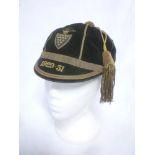 A Cornwall Rugby Football Union black and gold velvet cap with embroidered "1929-31" date named to