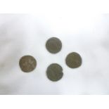 Three various Roman bronze coins and a Medieval short cross silver penny (worn)