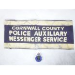 A rare Second War linen arm band for "Cornwall County Police Auxiliary Messenger Service" together
