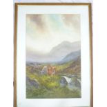 Artist unknown - watercolour Moorland scene with cattle,