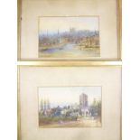 R**Curzon - watercolour River scene with Cathedral in the distance and village scene with church,