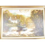 Richard Blowey - oil on canvas Cornish creek scene with fishing boat, signed,