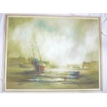 John Bampfield - oil on canvas Harbour scene with beached fishing boats, signed.