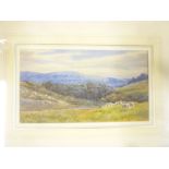 Artist unknown - watercolour Landscape with sheep on the hillside,