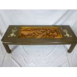 An Eastern carved teak rectangular coffee table inset with bird and floral designs and mother of