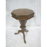 A Victorian burr walnut octagonal work table with fitted interior enclosed by a hinged cover on