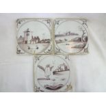 Three 18th Century ceramic square tiles with sepia landscape decoration