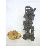 A Chinese carved wood figure of a male fisherman with child 12" high and one other Eastern carved