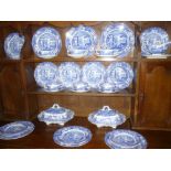 A Copeland Spode Italian pattern blue and white dinner set comprising six dinner plates,