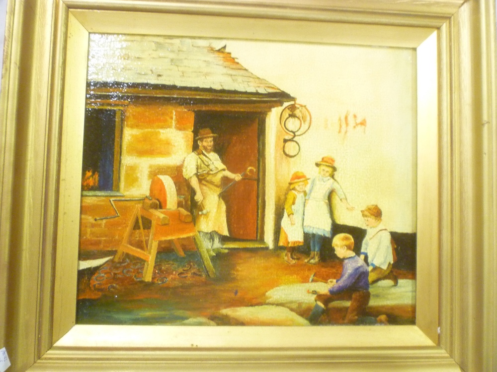 Artist Unknown - oil on canvas Blacksmiths shop with children playing,