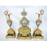 A good quality 19th Century French mantel clock garniture comprising ornamental mantel clock with