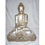 A large unusual painted carved wood figure of a seated Buddha 42" high