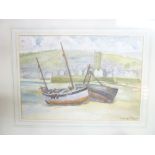 H**Alexander - watercolour Cornish harbour scene with fishing boats,