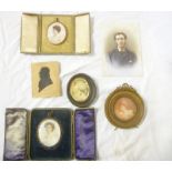 Six miniature portrait/pictures including miniature watercolour on ivory depicting bust portrait of
