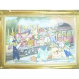 Doreen Edmond - oil on canvas Train scene with numerous Teddy bears, signed,