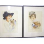 Oscar Wilson - watercolours Two Art Deco studies of females with dogs,