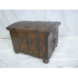 An 18th Century metal bound pine rectangular trunk with hinged domed lid,