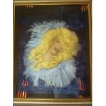 An unusual Marilyn Monroe portrait display with printed face and hair and feather decoration in