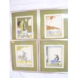 Four French coloured Art Deco-style character prints,