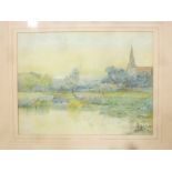 Sir Alfred East - watercolour A village scene with church and pond, signed,
