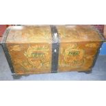 A 19th Century Swedish painted pine domed marriage chest enclosed by a hinged cover with metal