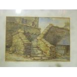 Claud Hulk - watercolour Exterior scene with figures on stone steps, signed,
