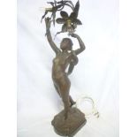 A large French bronzed spelter table lamp in the form of a classical nude female on rocky base,