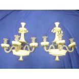 A pair of good quality opaque glass three-branch wall lights with brass mounts and hanging droplets