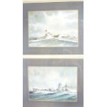 Tony Warren - watercolours British warship at sea and pilot boat and merchant ship,