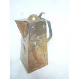 A Newlyn copper square tapered jug with raised Cormorant decoration and hinged lid,