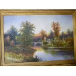 J**Maynard - oil on canvas River scene with bridge and church,
