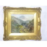 Artist unknown - oil on board Welsh Mountain Scene with figures,