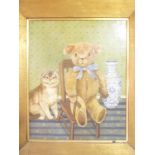 J**Thompson - oil on canvas A study of a Teddy bear, cat and vase, signed,