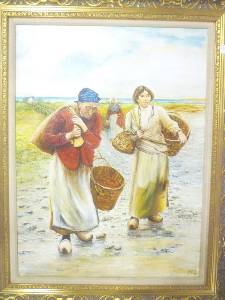 M**G** - oil on canvas A coastal scene with females collecting shellfish, signed with initials,