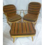 A pair of 1960's Ercol light elm ladies and gentlemans open arm easy chairs with original striped