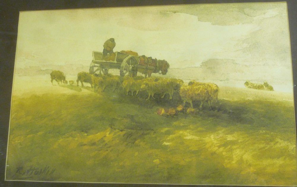 R**Hoskin - watercolour Rural scene with horse and cart and sheep, signed,