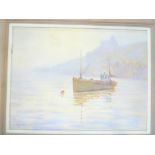 David Rylance - oil on board Moored Cornish fishing boat, signed,