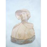 An Art Deco terracotta bust figure of a female with flowing scarf on marble base 7" high