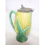 A 19th Century Majolica glazed tapered jug in the form of a corn-on-the-cob with hinged pewter lid