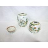 Two Cantonese pottery tapered gift jars with painted figure decoration and a similar tea bowl (3)