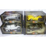 Four mint and boxed Burago diescast vehicles - classic cars together with catalogues