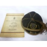 A Cornwall Rugby Union black velvet and gold bullion cap for the 1911/ 1912 season worn by C