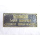 An English China Clay brass plate from the pressure water jet monitor "Danger Lock Monitor Whilst