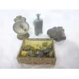 A brass miners "premier" carbide lamp together with a selection of mineral samples and a bottle of