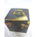 A brass GWR horn and a painted wood square instrument box marked "GWR Truro" (2)