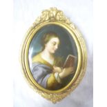 A 19th Century Continental porcelain oval plaque depicting Joan of Arc in gilt oval frame