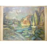 Ejner Larsen - oil on canvas Harbour scene with boats, signed, labelled to verso,