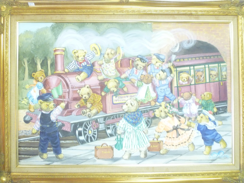 Doreen Edmond - oil on canvas Train scene with numerous Teddy bears, signed,